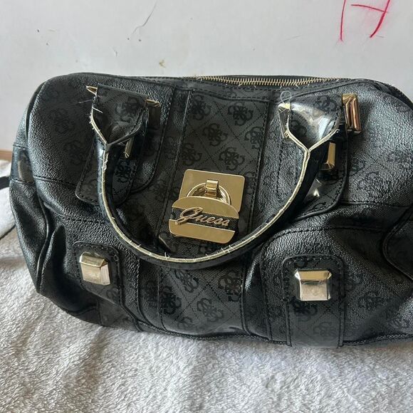 Y2K Style Vintage Guess Women's Black Leather HandBag Monogram Gold Hardware - Picture 2 of 8